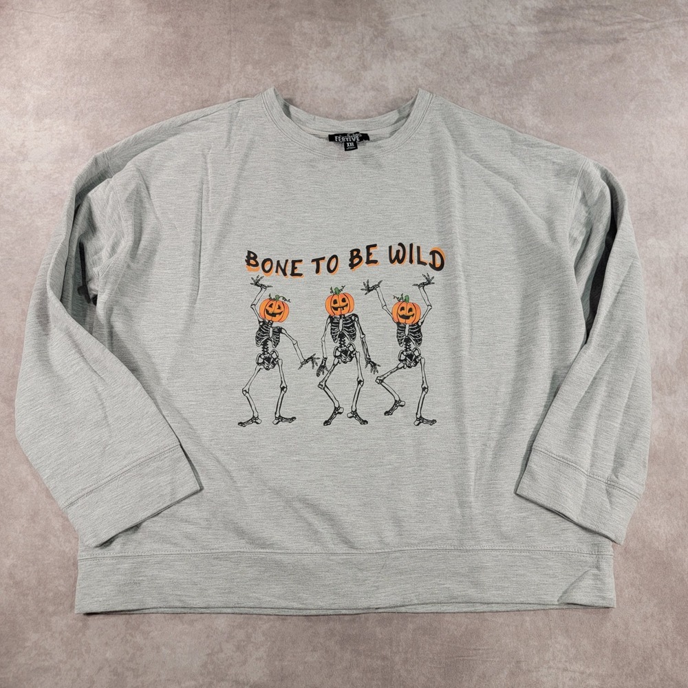Feeling Festive Bone To Be Wild Halloween Skeleton Pumpkin Sweatshirt XXL Gray